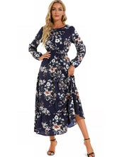 Load image into Gallery viewer, Floral Dress Women Long Sleeve Ruched Print A Line O Neck Maxi Sexy