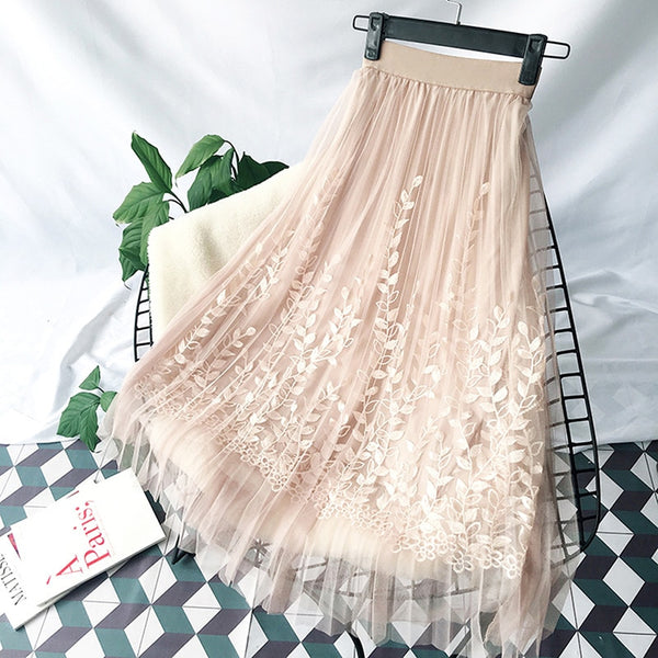 Floral Embroidery A line Tutu Lace Mesh Skirt Women Elegant Tulle Long