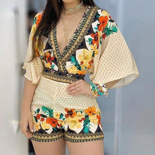 Load image into Gallery viewer, Floral Printed Women Deep V Bell Sleeve Backless Lace Up Elegant Sexy - Sophornlilly
