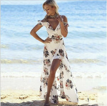 Load image into Gallery viewer, Floral print ruffles long dress Women strap v neck split beach summer