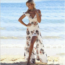 Load image into Gallery viewer, Floral print ruffles long dress Women strap v neck split beach summer