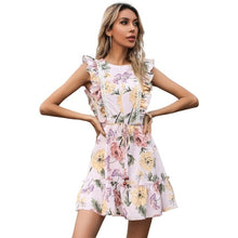 Load image into Gallery viewer, Flower Print Flying Sleeves Mini Dress Summer Women O Neck Lace up - Sophornlilly