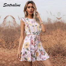Load image into Gallery viewer, Flower Print Flying Sleeves Mini Dress Summer Women O Neck Lace up - Sophornlilly