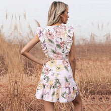 Load image into Gallery viewer, Flower Print Flying Sleeves Mini Dress Summer Women O Neck Lace up - Sophornlilly