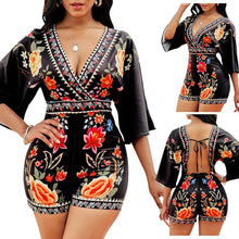 Load image into Gallery viewer, Flower Print Sheer Mesh Summer Romper Women Lace Half Puff Sleeve Crop - Sophornlilly