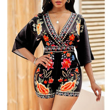 Load image into Gallery viewer, Flower Print Sheer Mesh Summer Romper Women Lace Half Puff Sleeve Crop - Sophornlilly