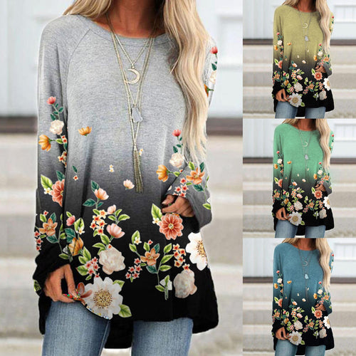 Flower Printing Women's Blouse Casual Long Sleeve O neck Shirts Loose