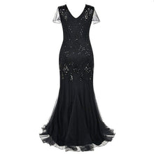 Load image into Gallery viewer, Formal dress retro 1920s sequin evening dress V neck short sleeve mesh