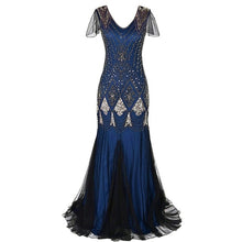 Load image into Gallery viewer, Formal dress retro 1920s sequin evening dress V neck short sleeve mesh