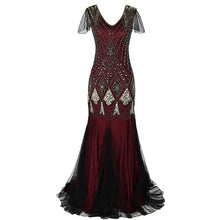 Load image into Gallery viewer, Formal dress retro 1920s sequin evening dress V neck short sleeve mesh