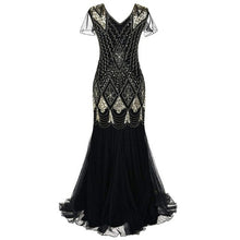 Load image into Gallery viewer, Formal dress retro 1920s sequin evening dress V neck short sleeve mesh