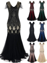 Load image into Gallery viewer, Formal dress retro 1920s sequin evening dress V neck short sleeve mesh