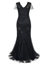 Load image into Gallery viewer, Formal dress retro 1920s sequin evening dress V neck short sleeve mesh