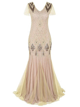 Load image into Gallery viewer, Formal dress retro 1920s sequin evening dress V neck short sleeve mesh