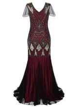 Load image into Gallery viewer, Formal dress retro 1920s sequin evening dress V neck short sleeve mesh