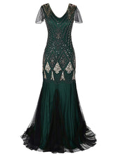 Load image into Gallery viewer, Formal dress retro 1920s sequin evening dress V neck short sleeve mesh