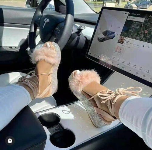 Furry Slides Women Rainbow Rhinestone Sandals Women Sandals - Sophornlilly