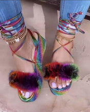 Load image into Gallery viewer, Furry Slides Women Rainbow Rhinestone Sandals Women Sandals - Sophornlilly