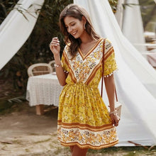 Load image into Gallery viewer, Summer Mini Dress sexy V Neck Short Sleeve Patchwork - Sophornlilly