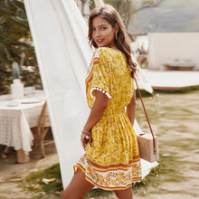 Load image into Gallery viewer, Summer Mini Dress sexy V Neck Short Sleeve Patchwork - Sophornlilly