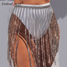 Load image into Gallery viewer, Glitter Rhinestone Long Tassel Skirts Gold Silver Crystal Diamonds