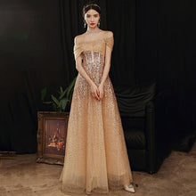 Load image into Gallery viewer, Gold Short Sleeves Evening Dress Boat Neck Sequins Elegant New A Line
