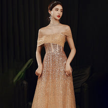 Load image into Gallery viewer, Gold Short Sleeves Evening Dress Boat Neck Sequins Elegant New A Line