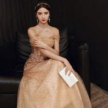 Load image into Gallery viewer, Gold Short Sleeves Evening Dress Boat Neck Sequins Elegant New A Line