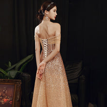 Load image into Gallery viewer, Gold Short Sleeves Evening Dress Boat Neck Sequins Elegant New A Line
