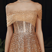 Load image into Gallery viewer, Gold Short Sleeves Evening Dress Boat Neck Sequins Elegant New A Line