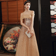 Load image into Gallery viewer, Gold Short Sleeves Evening Dress Boat Neck Sequins Elegant New A Line