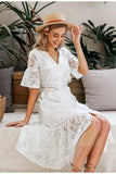 Women's White Hollow Out Lace V-neck High Waist