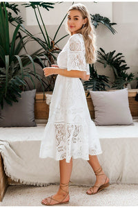 Women's White Hollow Out Lace V-neck High Waist