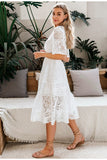 Women's White Hollow Out Lace V-neck High Waist