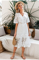 Women's White Hollow Out Lace V-neck High Waist