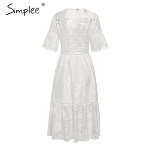 Women's White Hollow Out Lace V-neck High Waist