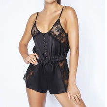 Load image into Gallery viewer, Black Mesh Backless Onesies Sexy Women Pajamas Lace Patchwork