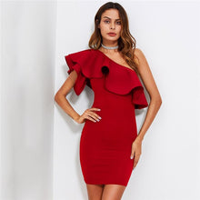 Load image into Gallery viewer, Women&#39;s Red Ruffle Flounce One Shoulder Form