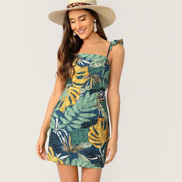 Backless Tie Back Tropical Print Ruffle Strap Boho