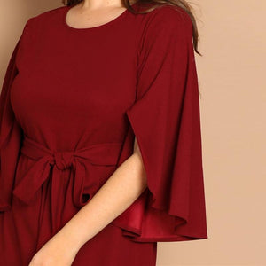 Women's Plus Size Burgundy Solid Split Sleeve Tie