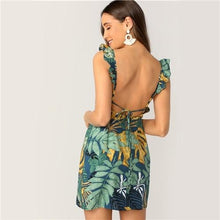 Load image into Gallery viewer, Backless Tie Back Tropical Print Ruffle Strap Boho