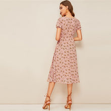 Load image into Gallery viewer, Pink Ditsy Floral Print Tie Neck Ruffle Puff