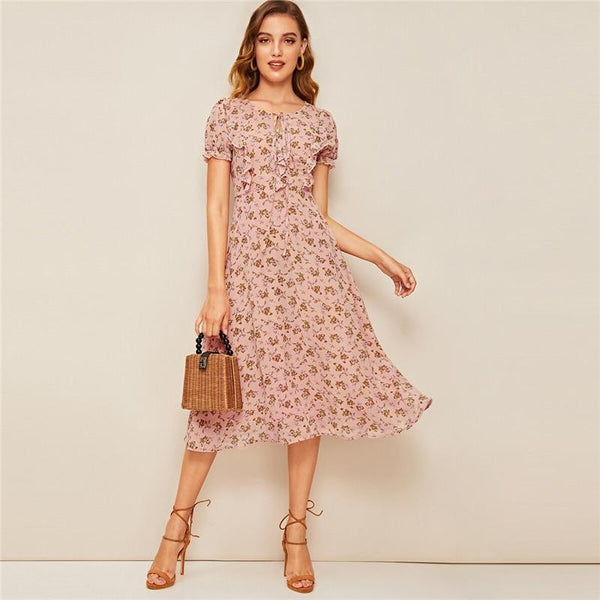 Pink Ditsy Floral Print Tie Neck Ruffle Puff