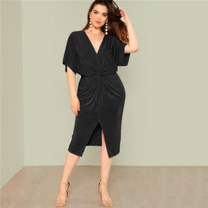 Women's Plus Size Black Twist Front Slit Batwing