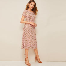 Load image into Gallery viewer, Pink Ditsy Floral Print Tie Neck Ruffle Puff