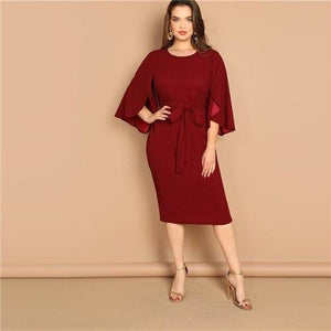 Women's Plus Size Burgundy Solid Split Sleeve Tie