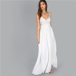 Women's White V-Neck Lace Overlay Backless Pleated