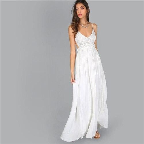 Women's White V-Neck Lace Overlay Backless Pleated