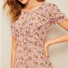 Load image into Gallery viewer, Pink Ditsy Floral Print Tie Neck Ruffle Puff