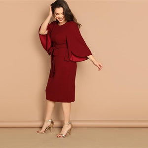 Women's Plus Size Burgundy Solid Split Sleeve Tie